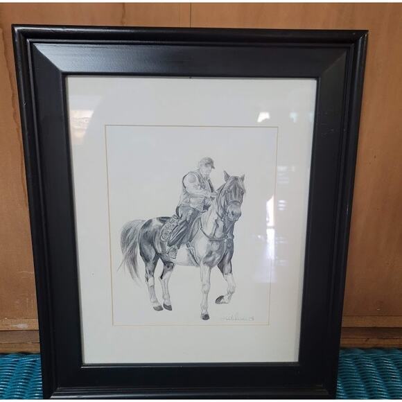 Original Pencil Drawing Horse Rider Framed Matted Madeline Schroder 2008 14x17